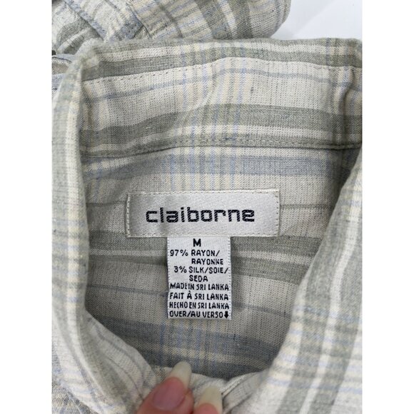 Vintage Claiborne Mens Medium Plaid Rayon Silk Button-Up Shirt Pastel Striped - Picture 3 of 8